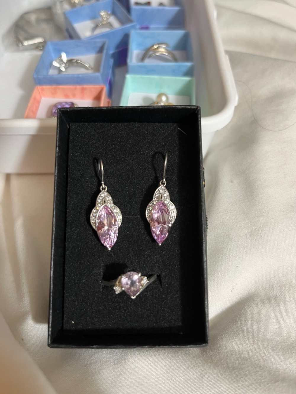 Diamonique Pink Teardrop Crystal Earring and Ring Set STERLING 925 SILVER